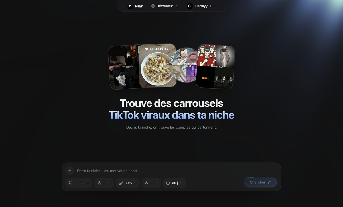 L'écran Découvrir de Psyn : une barre de recherche de niche et ses réglages